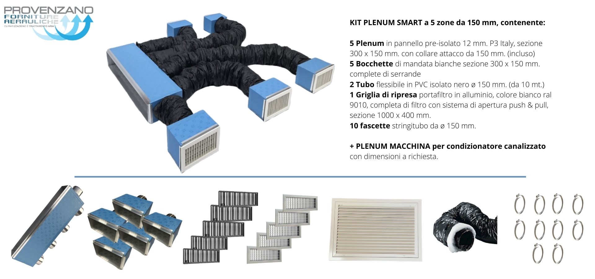 Kit PLENUM SMART a 5 zone da 150 mm + Plenum macchina con attacco per distribuzione aria condizionata